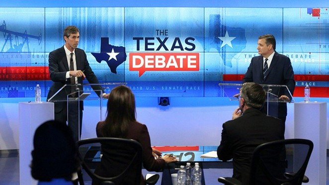 Beto O'Rourke makes a point during Tuesday's televised debate with Ted Cruz. - VIA KENS5'S TWITTER