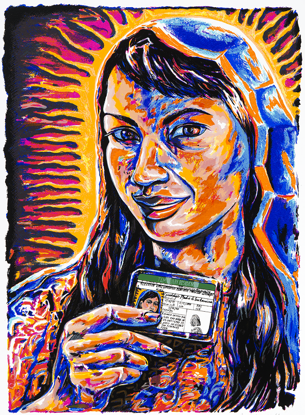 ISABEL MARTINEZ, VG GOT HER GREEN CARD, 2001. SCREENPRINT. COLLECTION OF THE MCNAY ART MUSEUM, GIFT OF HARRIETT AND RICARDO ROMO.