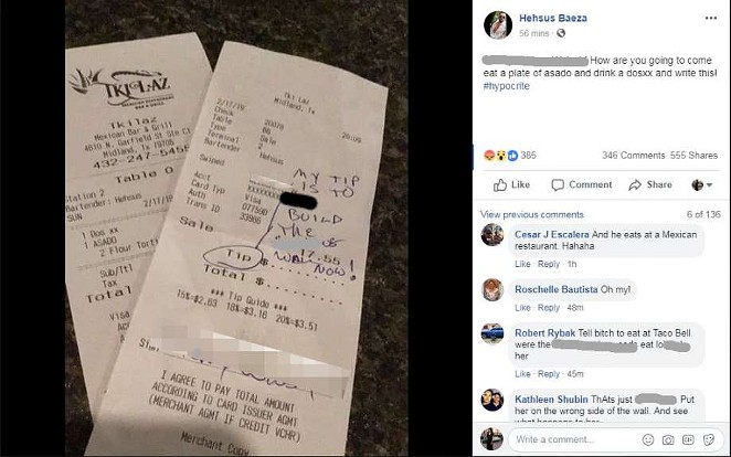 Customer Writes 'Build the F–king Wall' in Lieu of Tip at Mexican Restaurant in Texas