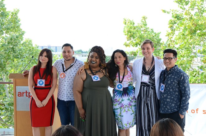 From left: Artist Foundation of San Antonio 2019 grant winners Edna Alejandra Longoria, Jose Villalobos, Andrea “Vocab” Sanderson, Xelena Gonzalez, Laura Van Prooyen and Ryan Takaba. - BRYAN RINDFUSS
