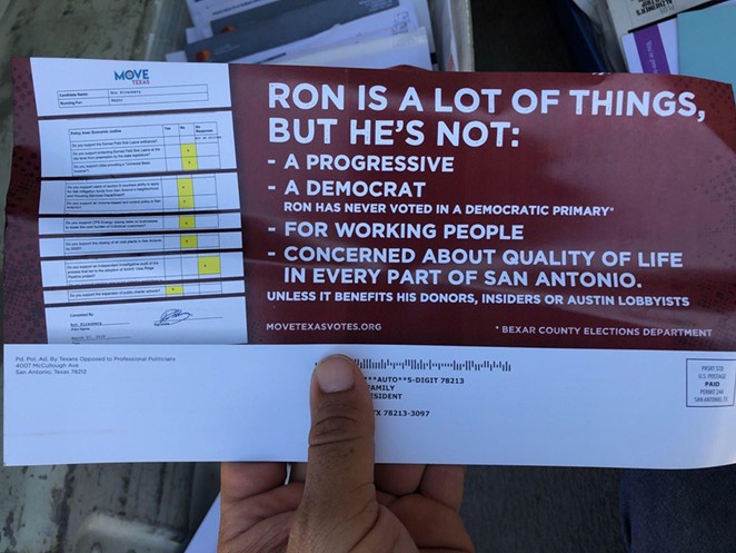This flyer from Texans Opposed to Professional Politicians appeared in some San Antonio voters' mailboxes the day before Saturday's mayoral runoff. - LAUREN CORONADO