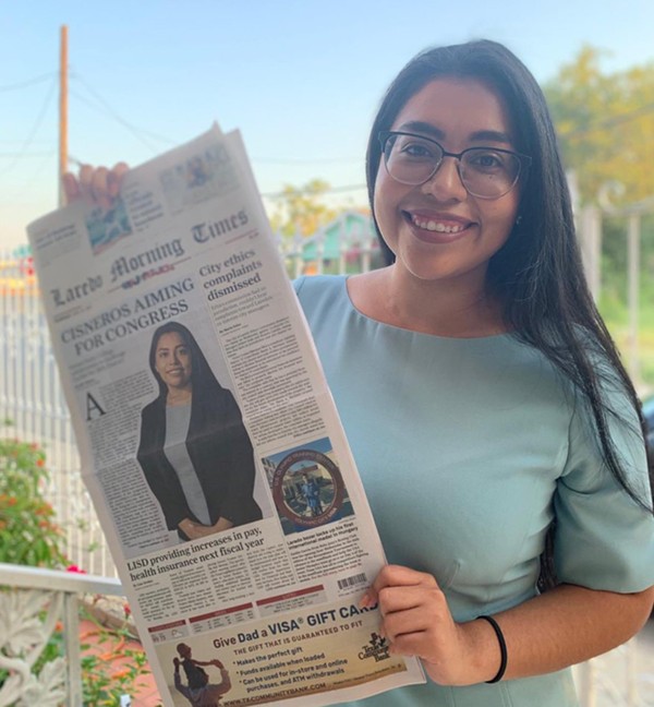 Justice Democrats-backed Jessica Cisneros shows off the Laredo Morning Times front page announcing her candidacy. - TWITTER / @JCISNEROSTX