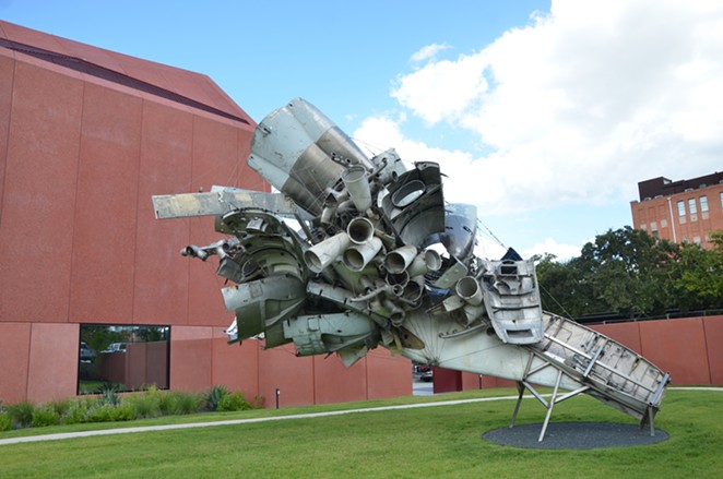 Nancy Rubins’ 5,000 lbs. of Sonny’s Airplane Parts, Linda’s Place, and 550 lbs. of Tire-Wire dominates Ruby City’s sculpture garden. - Bryan Rindfuss