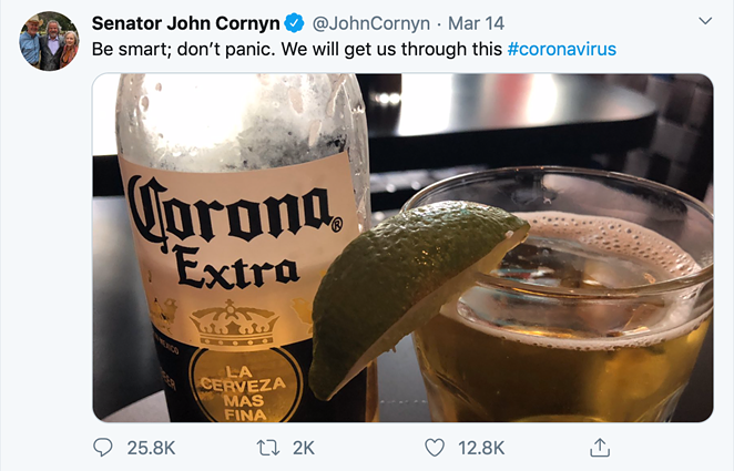 Sen. John Cornyn of Texas Tweets a Dad Joke About the Coronavirus While the Pandemic Worsens