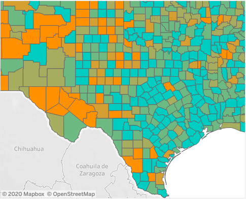 The blue-green counties in this Texas map are ones where people have significantly reduced travel distances. The orange ones are where travel distances have actually gone up. - SCREENSHOT / UNACAST "SOCIAL DISTANCING SCOREBOARD"