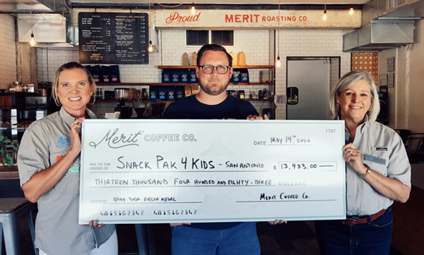 Merit Coffee presented a check for $13,483 to Snack Pac 4 Kids San Antonio. - Courtesy Merit Coffee