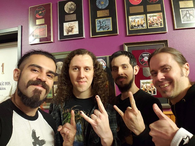 The San Antonio metal band poses with  renowned Finnish producer Anssi Kippo (right) while recording its latest album. - COURTESY OF ӔTERNAL REQUIEM