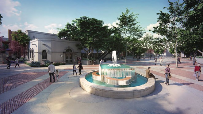 The latest Maverick Plaza rendering shows a new fountain closer to South Alamo Street. - COURTESY PHOTO / FISHER HECK ARCHITECTS