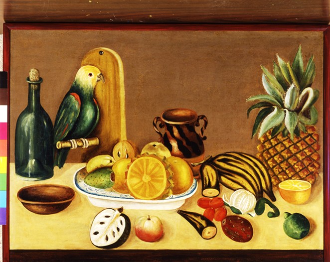 Still Life with Parrot, Mexico, 19th century, Oil on canvas, 21 1/2 x 29 1/2 in. (54.6 x 74.9 cm),The Nelson A. Rockefeller Mexican Folk Art Collection, 85.98.97 - COURTESY OF SAN ANTONIO MUSEUM OF ART