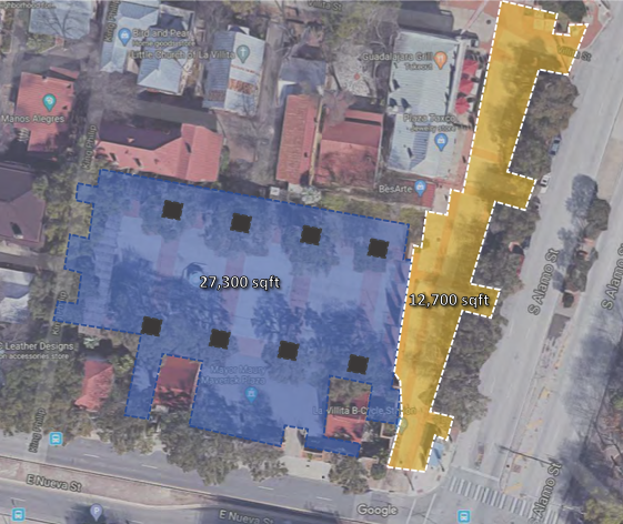 Map above shows current Maverick Plaza footprint. Map below shows reduced public space inside the plaza after redevelopment. - GOOGLE MAPS