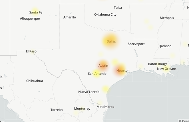 A screenshot of the downdetector.com map shows the Zoom outage in Texas on Monday morning. - SCREENSHOT / DOWNDETECTOR.COM