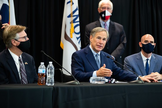Gov. Greg Abbott (center), Lt. Gov. Dan Patrick and House Speaker Dennis Bonnen (right) in May asked state agencies to cut their budgets by 5%. - COURTESY PHOTO / TEXAS GOVERNOR'S OFFICE