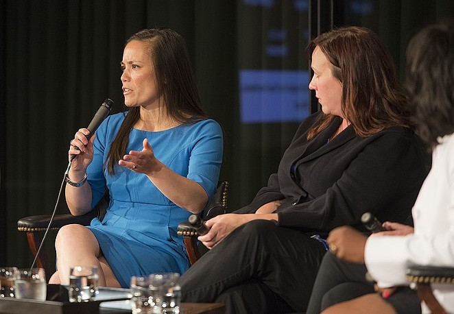Gina Ortiz Jones (left) and MJ Hegar speak at an event in Austin. Both are running for federal office during the 2020 cycle. - WIKIMEDIA COMMONS / LBJ LIBRARY PHOTO BY JAY GODWIN