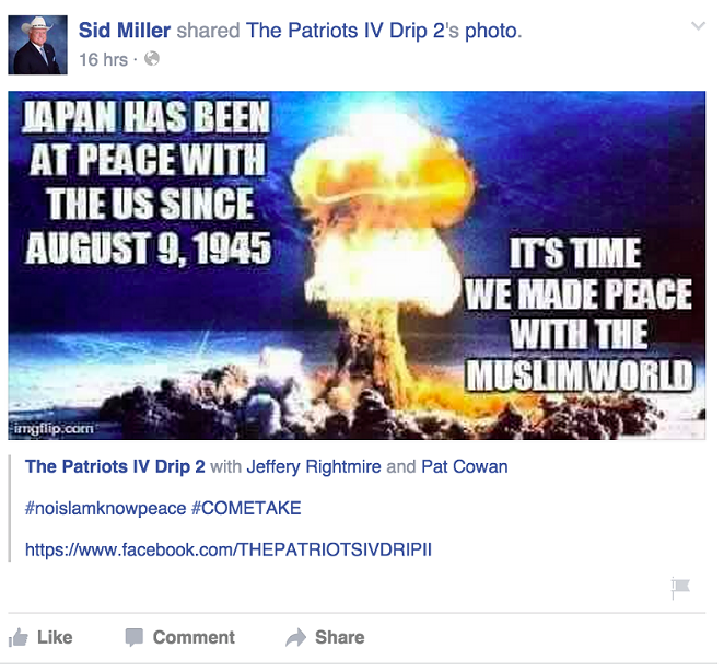 Sid Miller's Facebook post, now deleted. - VIA THE DALLAS MORNING NEWS