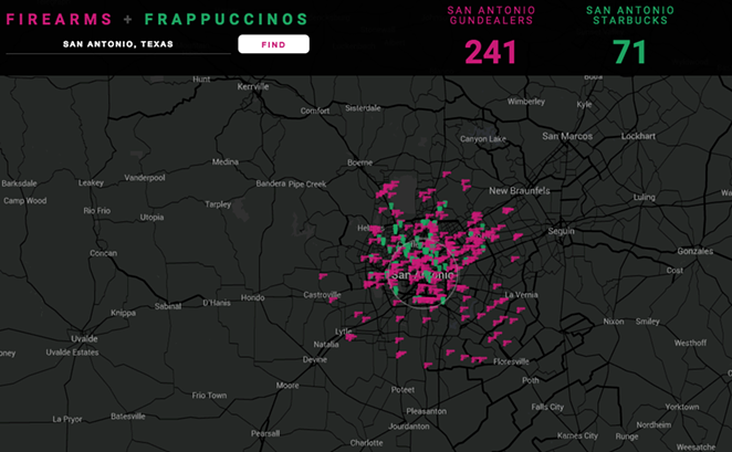 San Antonio gun sellers are in pink on this map. Starbucks are in green. - SCREENSHOT, 1 POINT 21 INTERACTIVE