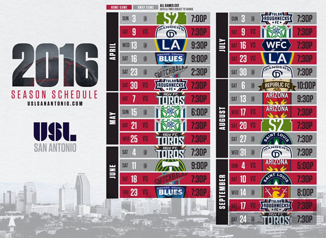 The full schedule for San Antonio's USL team. - VIA @USLSANANTONIO