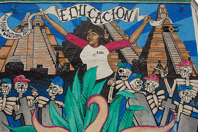 Educación, a West Side mural painted in 1994 by Juan Ramos and Cruz Ortiz.