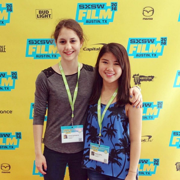 San Antonio-based filmmaker and high school student Alexia Salingaros (left) on the red carpet at the SXSW Film Festival with actress Rachel Miller for the screening of Salingaros’ award-winning short film Lady of Paint Creek.