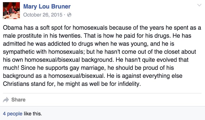 Mary Lou Bruner's Facebook post on President Obama. - FACEBOOK/MARY LOU BRUNER