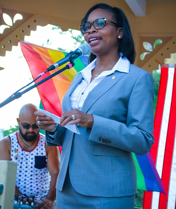Mayor Ivy Taylor spoke at a vigil in Crockett Park Thursday night honoring the victims of the Orlando shooting. - JULIÁN P. LEDEZMA