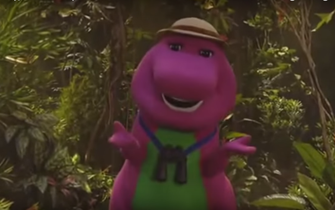 Barney on safari, dropping bombs and spitting fire. - YOUTUBE