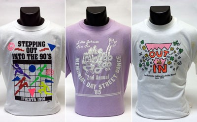 T-shirts from San Antonio in the Wearing Gay History online exhibit include: Stepping Out in the 90’s-Gay Fiesta 1991; the Noo Zoo Co. Memorial Day Street Dance ’85; and Out Is In – San Antonio Celebrates Pride Month June 1991.