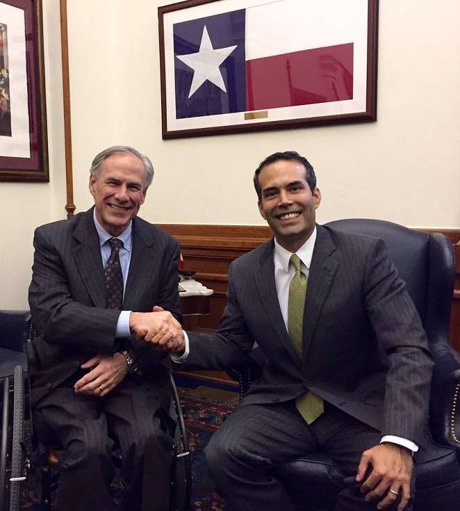 Texas Governor Greg Abbott and Texas General Land Office Commissioner George P. Bush shake hands in this November, 2015 Facebook photo. - GEORGE P. BUSH | FACEBOOK