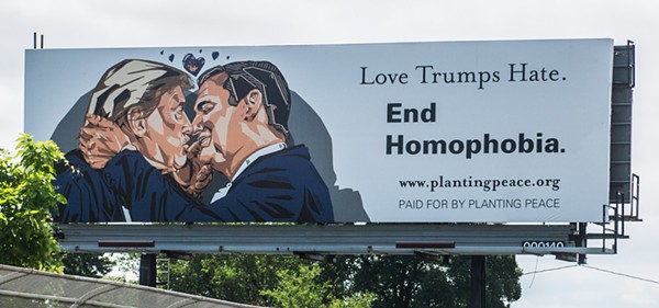 The nonprofit Planting Peace designed this billboard to welcome people to the Republican National Convention in Cleveland. - PLANTING PEACE