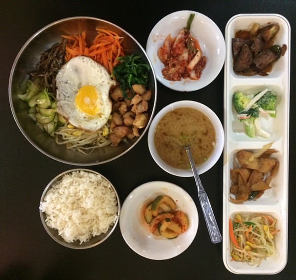 The Bibimbap with banchan, rice, and miso soup ($8.99)