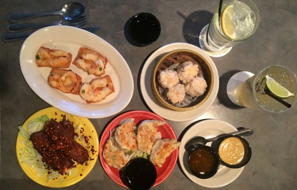 Clockwise from top left: Shrimp Toast, Shrimp Sui Mai, Ginger Chicken Pot Stickers, Spiced Ribs