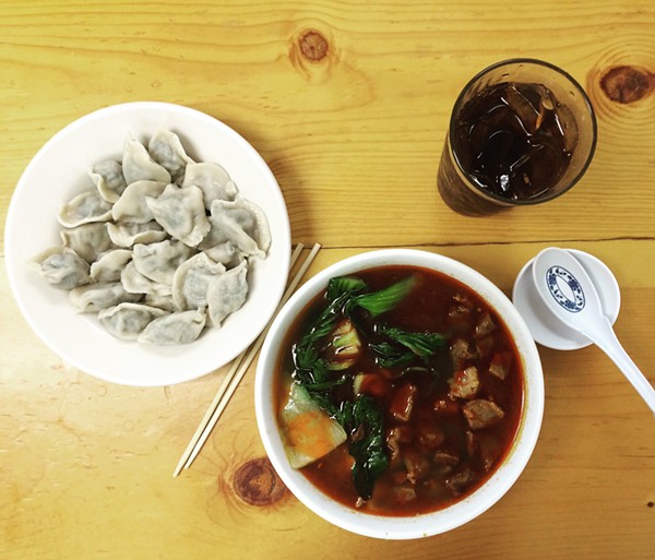 From left: Pork and Chive Dumplings, Handmade Noodles with Lamb
