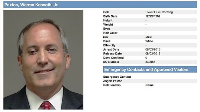 Texas Attorney General Ken Paxton sat for a mugshot after he was booked on multiple felony counts last July - Collins County