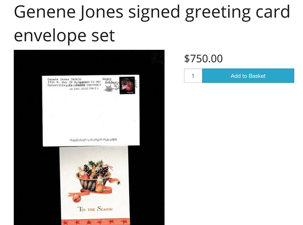 This Christmas card from Genene Jones popped up on truecrimeauctionhouse.com this week, with the seller noting that correspondence from the notorious baby-killer is "extremely rare." - SCREENSHOT, TRUECRIMEAUCTIONHOUSE.COM