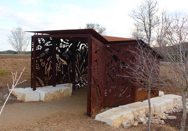 One of two steel wildlife blinds designed by artists Ashley Mireles and Cade Bradshaw for the Phil Hardberger Park land bridge. - EMILY SCHMALSTIEG