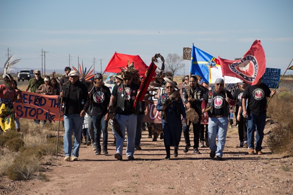 As assortment of indigenous and non-indigenous allies—including the Society of Native Nations—marched on ETP's Trans-Pecos Pipeline outside Marfa in November.