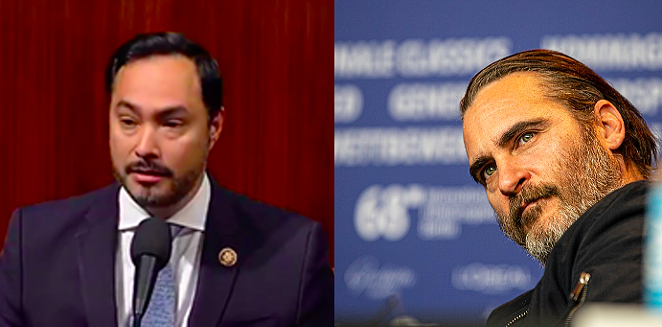 Even with beards we can still tell them apart: U.S. Rep. Joaquin Castro (left) and actor Joaquin Phoenix (right). - Left: Screen Capture / C-SPAN; Right: Wikimedia Commons / Harald Krichel