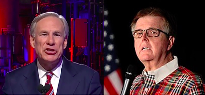 Texas' two daddies are fighting: Texas AG Ken Paxton is trying to get Gov. Greg Abbott (left) and Lt. Gov. Dan Patrick to engage in couples counseling, insiders in his office report. - SCREEN CAPTURE / KXAN-TV (LEFT) AND WIKIMEDIA COMMONS / GAGE SKIDMORE (RIGHT)