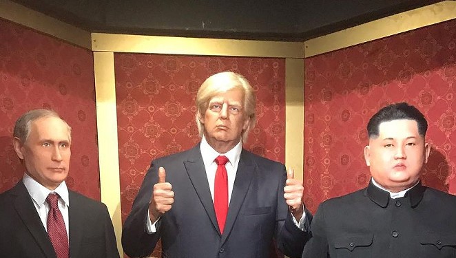 The wax dummy of former President Donald Trump, shown in a visitor's photo, was packed off to storage after people kept punching it. No word on whether his two BFFs also suffered damage. - INSTAGRAM / ALLY_CAUDILLO