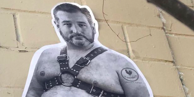 A twitter user spotted this wall sticker of Ted Cruz on the St. Mary's Strip. - Twitter / @Jackasaurus3