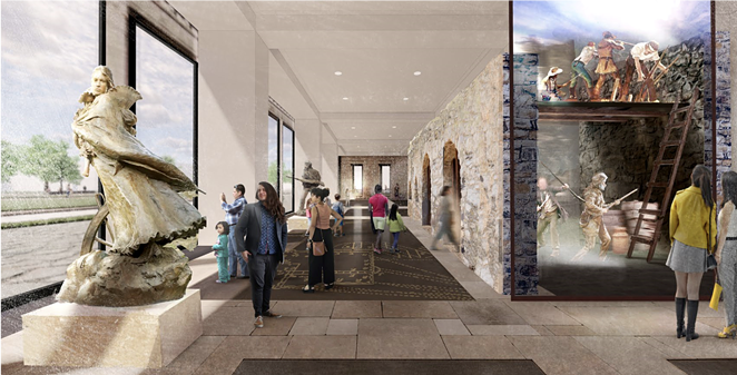 A conceptual rendering of the lobby of the Alamo Visitor Center and Museum, including a full-scale recreation of the historic fort walls. - Courtesy / Alamo Trust