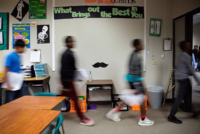 Students leave the classroom to work in the computer lab at Mata Intermediate School. - TEXAS TRIBUNE / PU YING HUANG