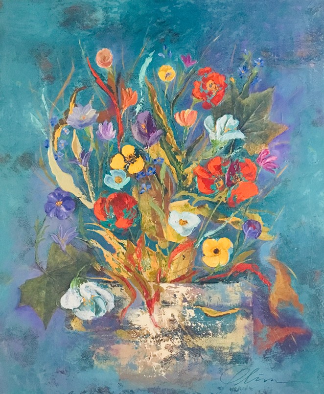 Carmen Oliver's "For the Love of Flowers" features nostalgic paintings of flower arrangements. - COURTESY OF BIHL HAUS ARTS