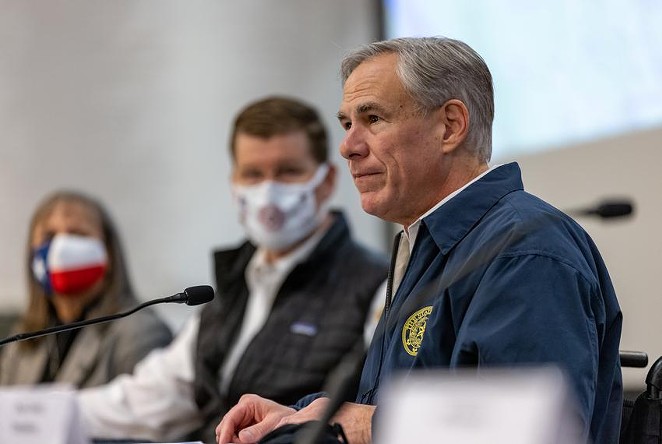 Gov. Greg Abbott speaks at a press conference regarding Texas’ emergency response to an unprecedented winter storm gripping Texas on Feb. 13, 2021. - Texas Tribune / Jordan Vonderhaar