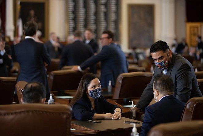 From left: Houston democratic state Reps. Ana Hernandez, Garnet Coleman, and Armando Lucio Walle on the House floor on Aug. 23, 2021. - Texas Tribune / Eddie Gaspar