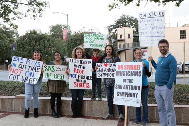 Symphony musicians and supporters at a rally held in front of the Tobin Center on Friday, Oct. 29. - KATELYN EARHART
