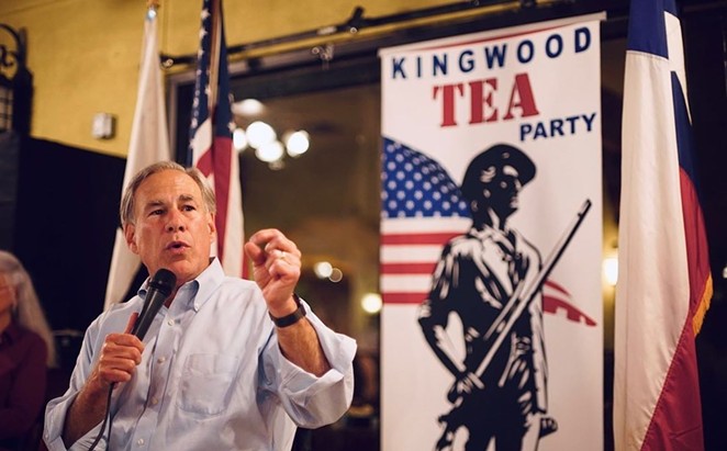 Gov. Greg Abbott speaks last month at a Kingwood Tea Party event. The governor has made frequent massless appearances in recent months. - INSTAGRAM / GOVERNORABBOTT
