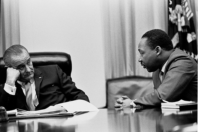 Martin Luther King Jr. makes a point to President Lyndon B. Johnson in the White House Cabinet Room. - WIKIMEDIA COMMONS / YOICHI OKAMOTO
