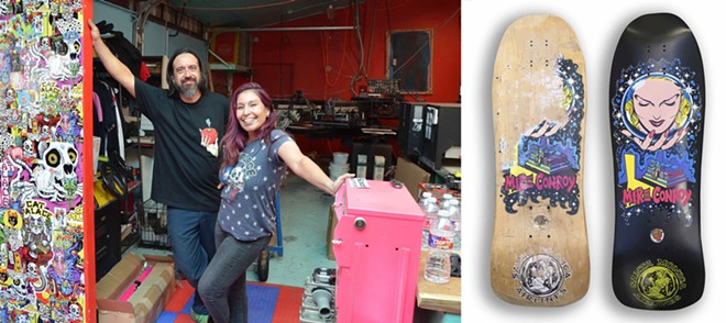 From left: Jesse and Dawn Garza are the dynamic duo behind the Cat Palace; a before-and-after photo of a vintage skateboard deck restoration. - BRYAN RINDFUSS, JESSE GARZA