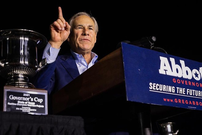 Gov. Greg Abbott at his primary election night watch party in Corpus Christi on March 1. - TEXAS TRIBUNE / MICHAEL GONZALEZ