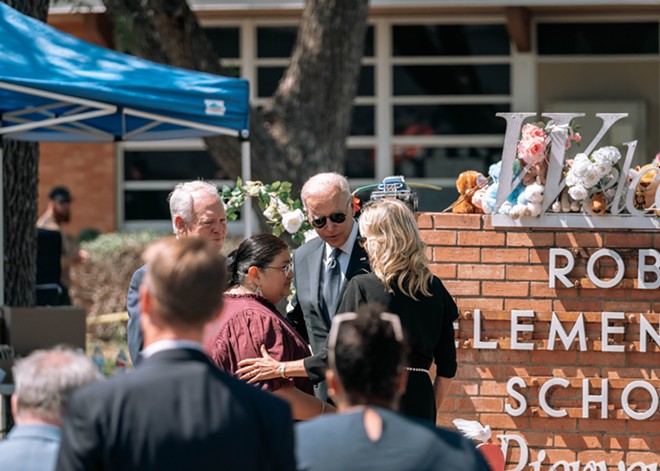 President Joe Biden and First Lady Jill Biden visit Robb Elementary School to pay their respects at a memorial for the 19 victims of the Uvalde shooting. - JOSEPH GUILLEN
